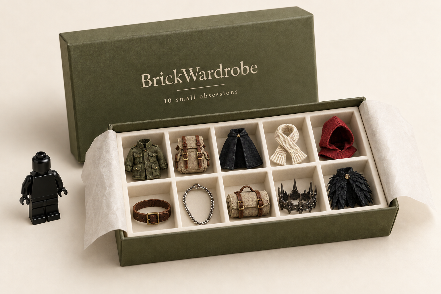 Olive BrickWardrobe collector box holding the Field Jacket, Daypack, Wool Cape, Knit Scarf, Crimson Hood, Utility Belt, Link Chain, Trail Roll, Thorn Crown and Raven Mantle